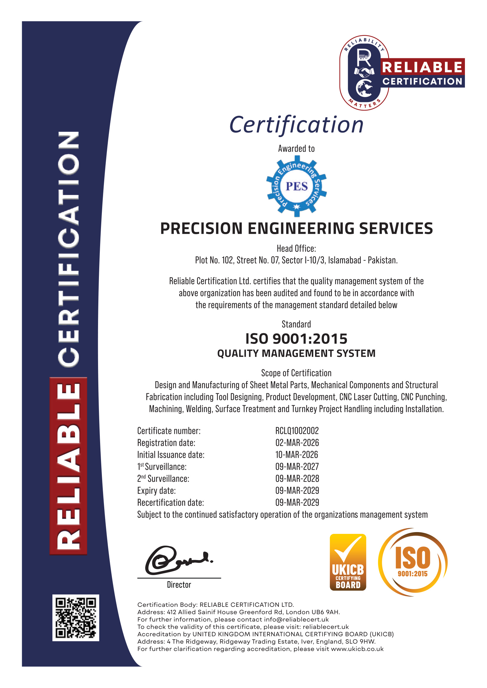 ISO 9001:2015 certificate issued to Precision Engineering Services by Reliable Certification (UKICB accredited)